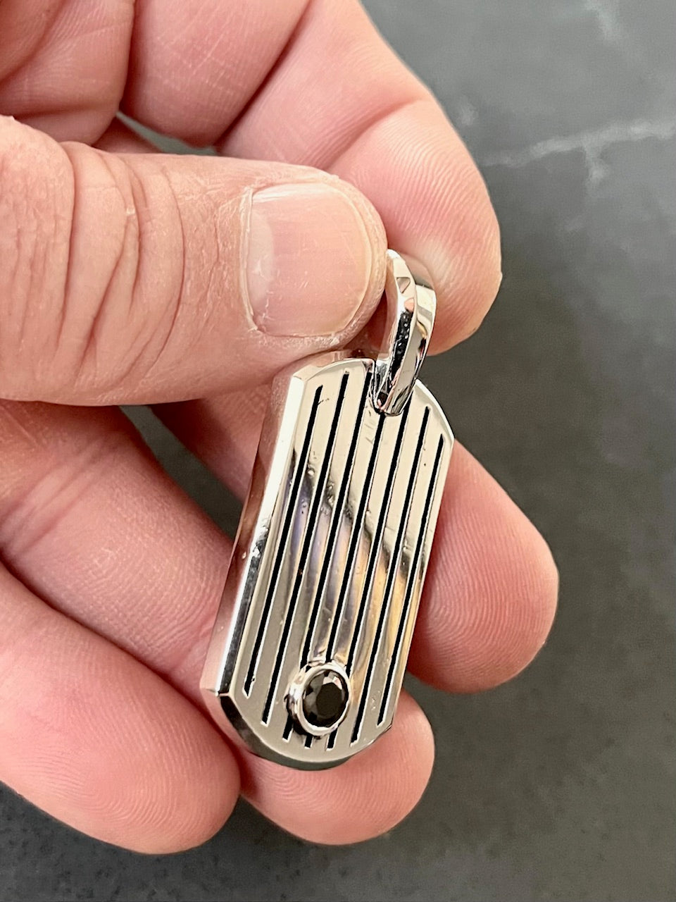 Sterling Silver Stripped Dog Tag with Garnet stone/archive