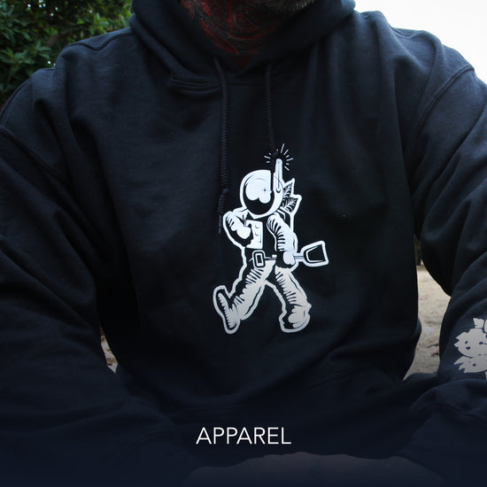 Frontal shot of a hoodie with a astronaut print and apparel caption 