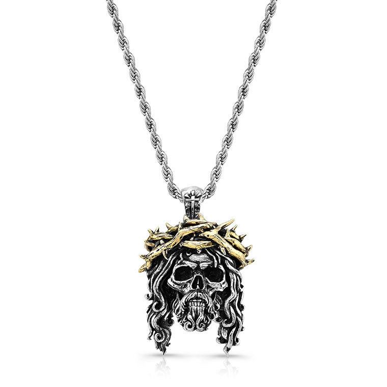 Chuey Quintanar Stainless Steel w/ Two Tone Gold Plate Jesus Skull - 25 In Rope Chain Necklace