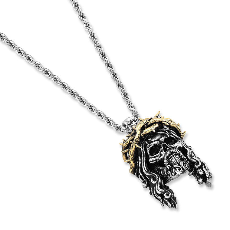 Chuey Quintanar Stainless Steel w/ Two Tone Gold Plate Jesus Skull - 25 In Rope Chain Necklace