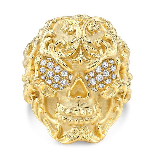 18K Gold Filigree Skull Ring With Pave Diamonds
