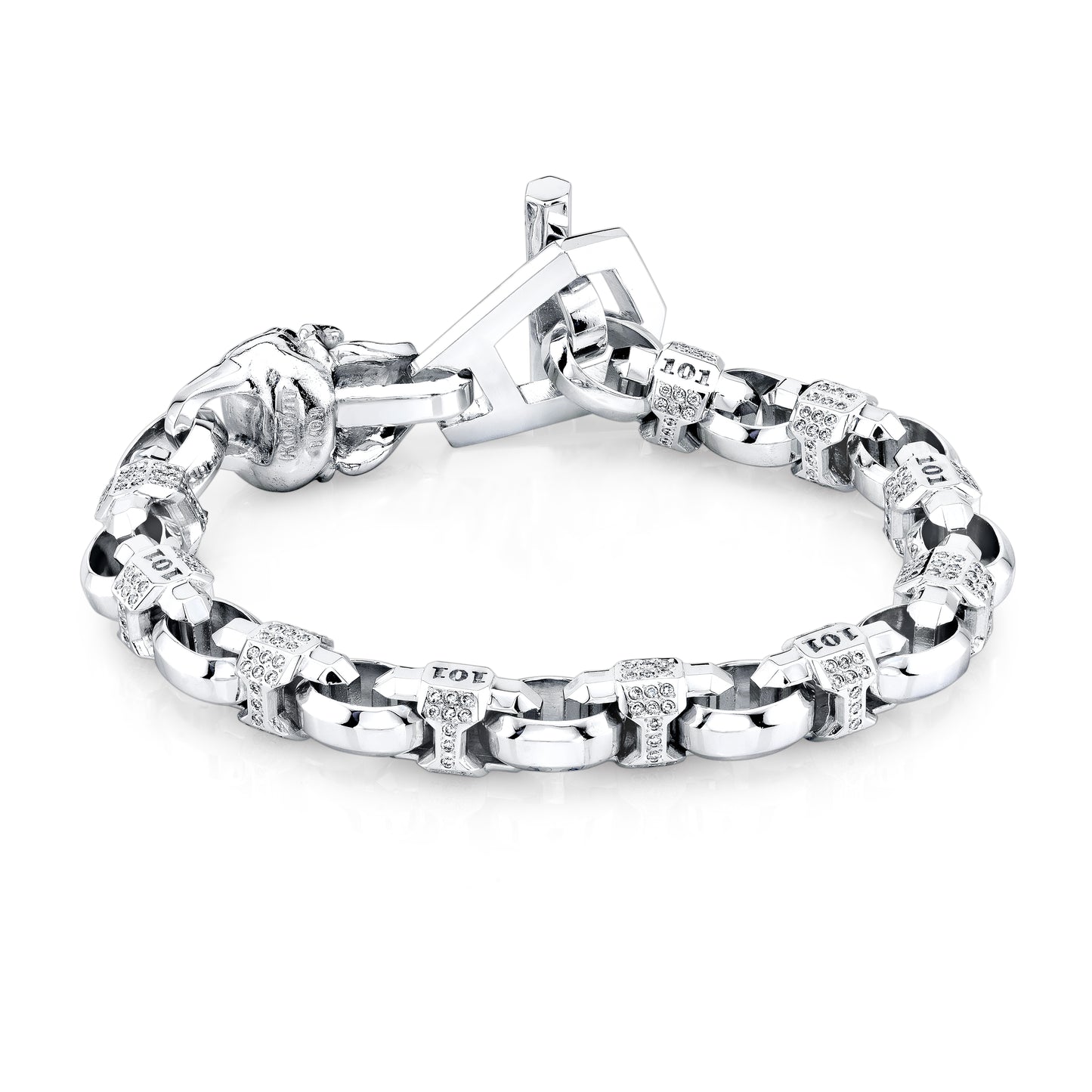 14K White Gold Caterpillar Link Bracelet with Skull
