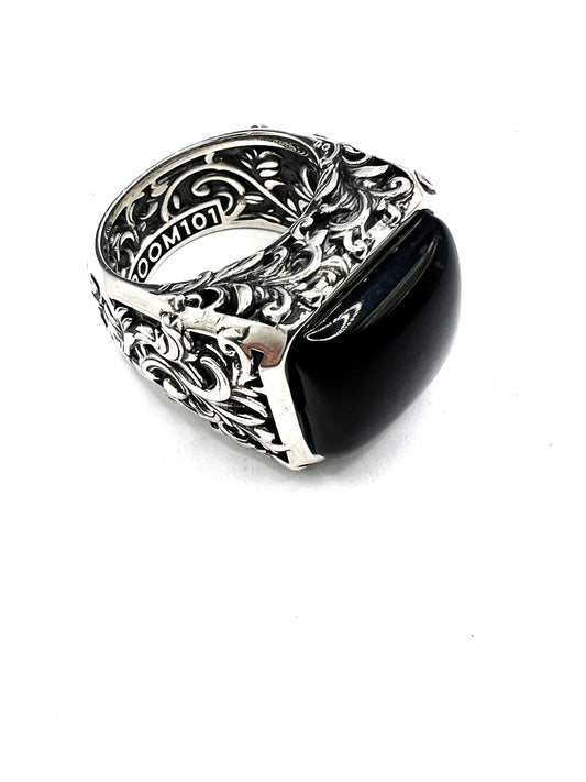LARGE FILIGREE BLOCK RING WITH ONYX STONE/PROTOTYPE