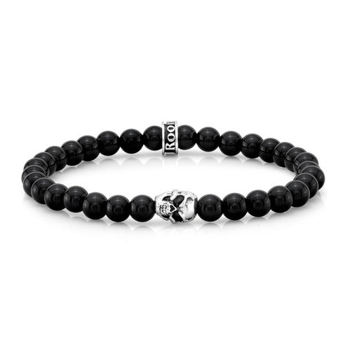 6mm Polished Agate Bead Bracelet with Sterling Silver Skull