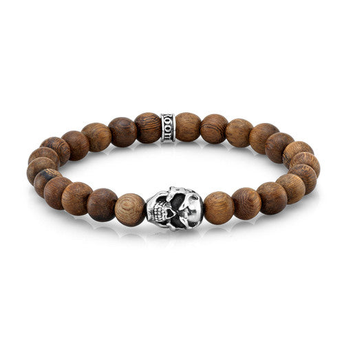 8mm Natural Wood Bead Bracelet with Sterling Silver Skull