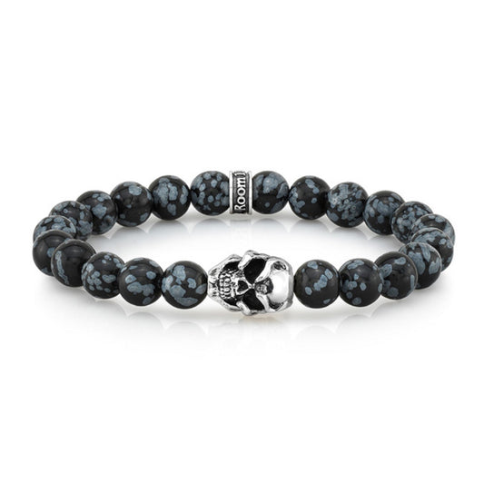 8mm Snowflake Agate Bead Bracelet With Sterling Silver Skull