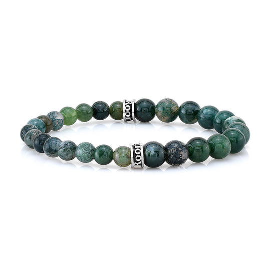 6mm and 8mm Moss Agate Bead Bracelet with Double Logo Fitting