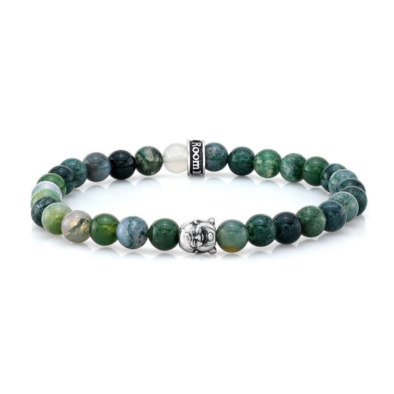 6mm Moss Agate & Silver Buddha Bead Bracelet