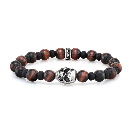 8mm Red Tigereye & 6mm Faceted Smooth Agate/Skull Bead Bracelet