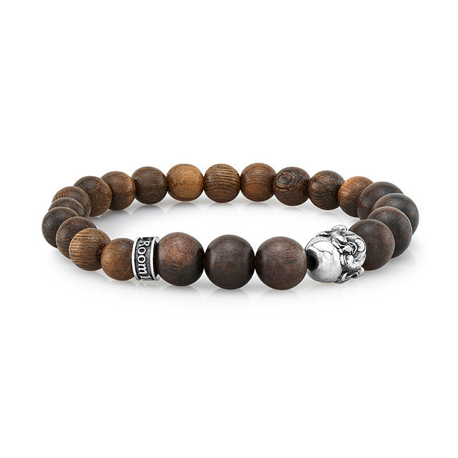 8mm Natural Wood With Silver Buddha Bead Bracelet