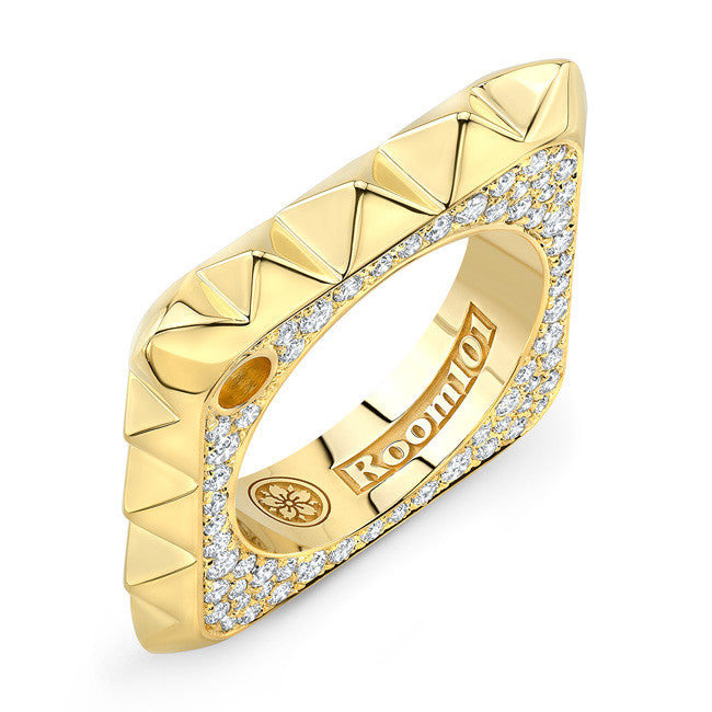 18K Gold Square Pyramid Two Finger Ring With Micro Pave White Diamonds