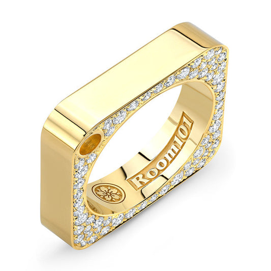18K Gold Square Ring With Side Micro Pave White Diamonds