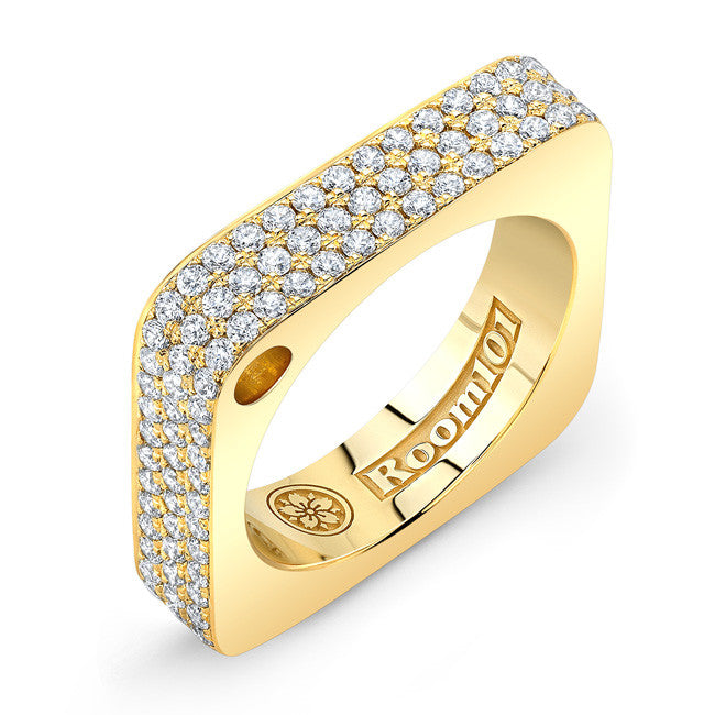 18K Gold Square Ring With Surface Micro Pave White Diamonds