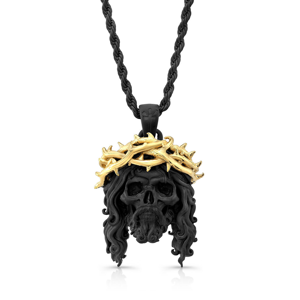 Chuey Quintanar Matte Black & Gold Vermeil Jesus Skull  - 25 In Rope Chain Necklace