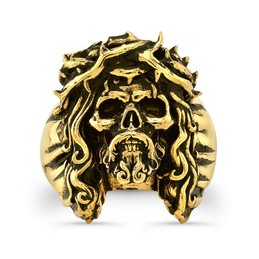 Chuey Quintanar Jesus Skully Ring in 14 K Gold