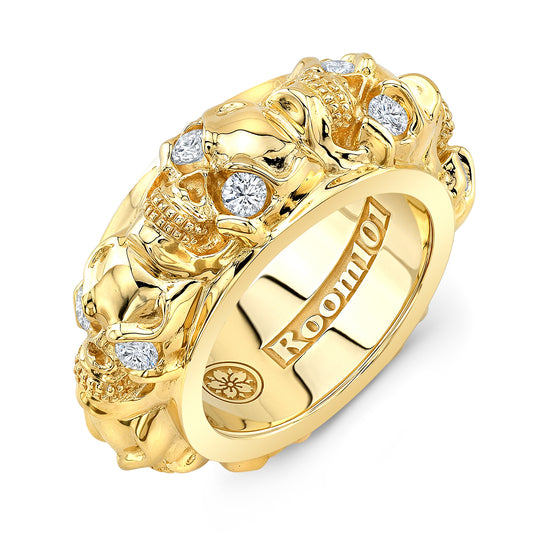 18K Gold Multi Skulls Ring With Diamonds
