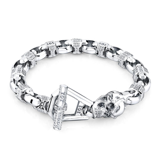 14K White Gold Caterpillar Link Bracelet with Skull