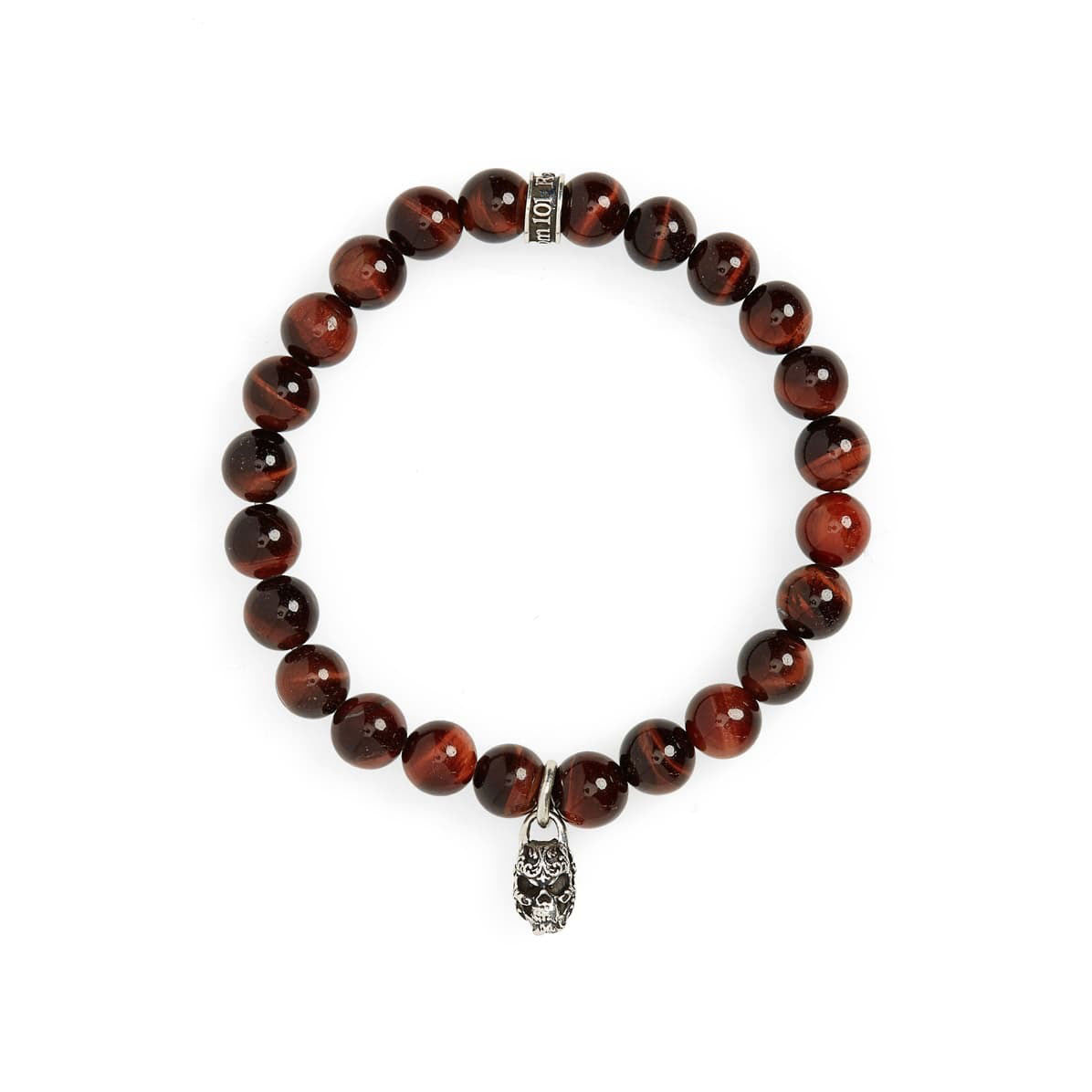 8mm Red Tiger Eye Beads w/Mini Filigree Skull Charm